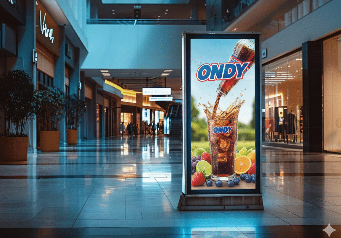Digital kiosk with Ondy drink advert